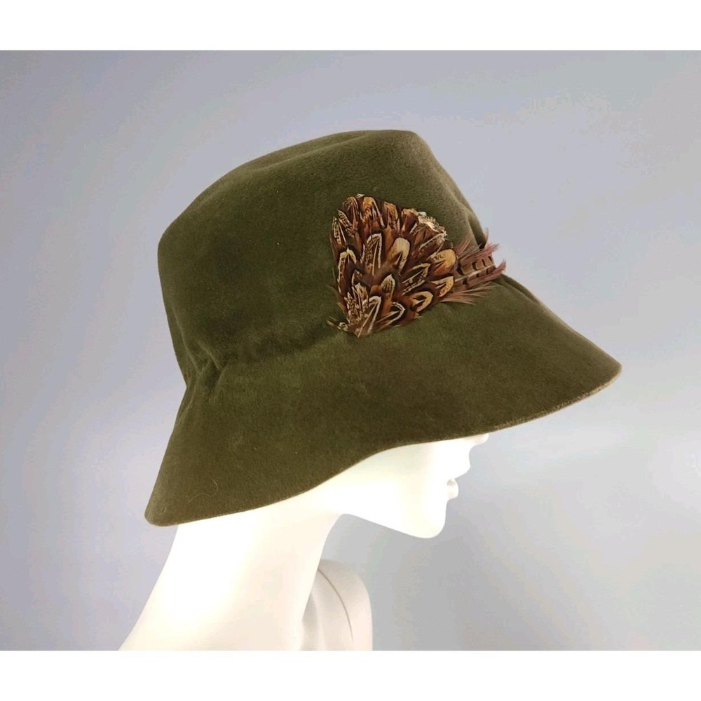 60s Vintage Pheasant feather Bucket Hat ribbon Made In France Wool‎ Felt